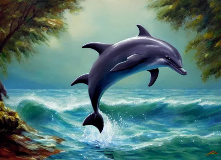 Image similar to dolphin swimming, oil painting by jama jurabaev, extremely detailed, brush hard, artstation, for aaa game, high quality, brush stroke