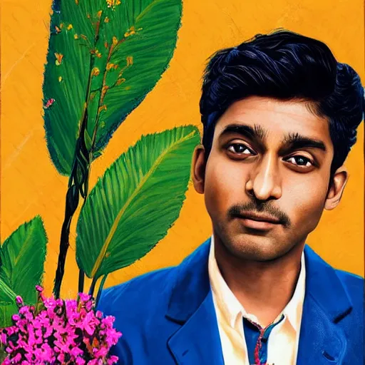 Image similar to indian guy standing and holding flowers, looking nostalgic, in love, dapper,full portrait, artwork by Cheng, Hsiao-Ron and Wes Anderson