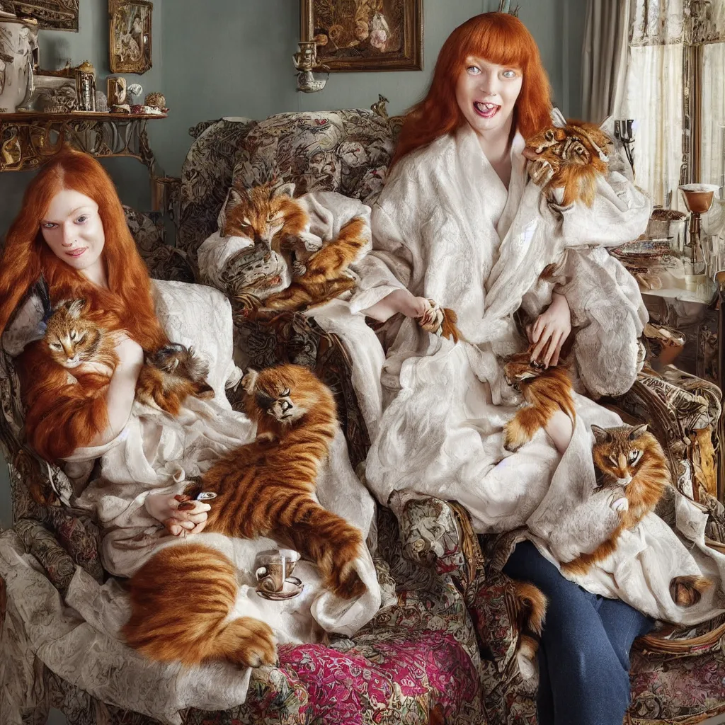 Image similar to a stunning hyper-detailed photorealistic painting of only one slender beautiful smiling woman with long ginger hair and bangs, wearing a luxurious silk robe, wearing headphones and posing with her large ginger tabby cat and her raccoon and parrots in an overstuffed easy chair in her sunlit victorian living room, holding a porcelain parrot-shaped coffee mug and a donut, perfect eyes, fashion photography, cinematic lighting, octane render, IBEX Masters, unreal engine, 85 mm lens,