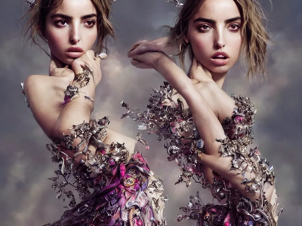 Image similar to !dream Ana de Armas wearing epic haute couture by Alexander McQueen, extremely beautiful and proportionate face, in the aesthetic of mert and marcus, masterpiece, intricate, elegant wardrobe, highly detailed, digital painting, artstation, concept art, crepuscular rays, smooth, sharp focus, illustration, neon cyberpunk colors, art by artgerm and james jean and greg rutkowski and alphonse mucha