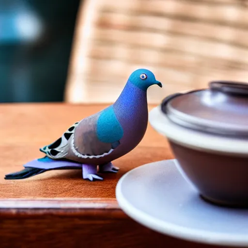 Image similar to a pigeon smoking pipe waiting for coffee to boil