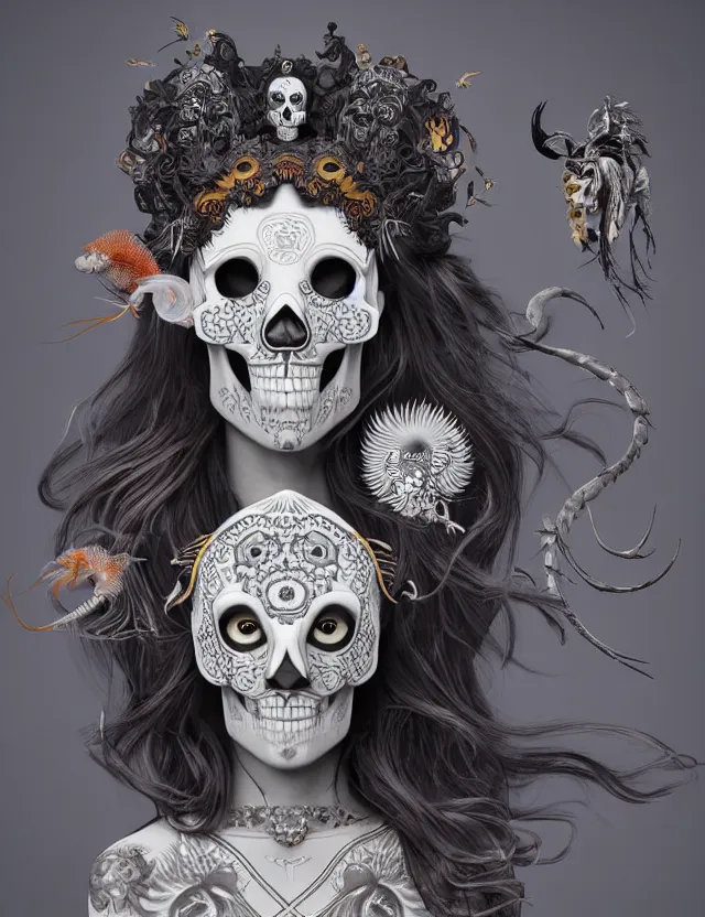 Image similar to 3 d goddess skull half - turn portrait with long hair with ram skull. beautiful intricately detailed japanese crow kitsune mask and clasical japanese kimono. betta fish, jellyfish phoenix, bio luminescent, plasma, ice, water, wind, creature, artwork by tooth wu and wlop and beeple and greg rutkowski