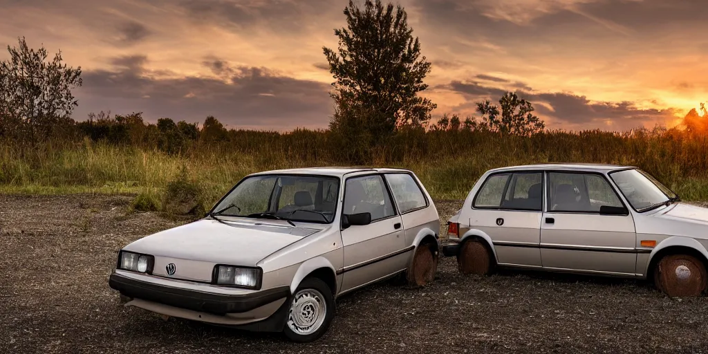 Image similar to a lonely rusty silver 1985 VW Golf in a vacant gravel lot, wide angle, golden hour, panorama, detailed digital art