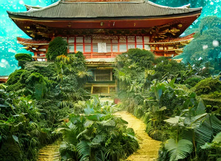 Prompt: overgrown tropical foliage overtaking many tall ornate japanese buildings, underwater environment, borealis, scenery, professional, award - winning, trending on artstation, hyper detailed, realistic, beautiful, emotional, shiny, golden, picture