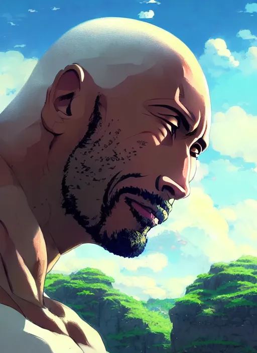 Image similar to portrait of dwayne rock johnson, cloudy sky background lush landscape illustration concept art anime key visual trending pixiv fanbox by wlop and greg rutkowski and makoto shinkai and studio ghibli