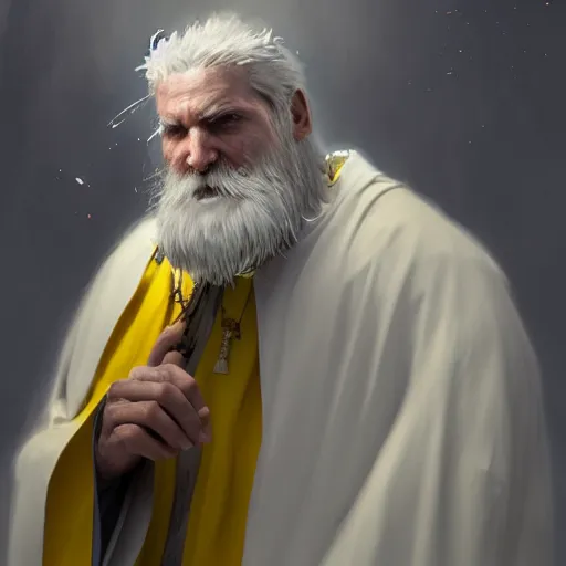 Image similar to 8k an elderly imperial priest with white and yellow vestments a long white beard and a worried and somewhat paranoid expression, by Raymond Swanland Greg Rutkowski Lise Deharm, intricate, masterpiece, sharp, digital art, ArtStation, CGStation, 4k