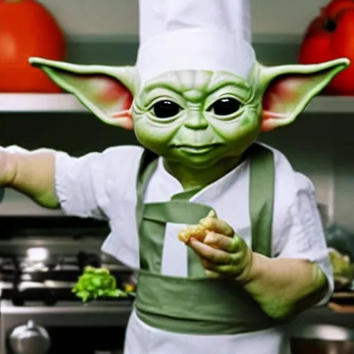 Image similar to tiny and innocent baby yoda appears as a chef wearing a white chefs hat and apron in a beautiful kitchen, preparing some food