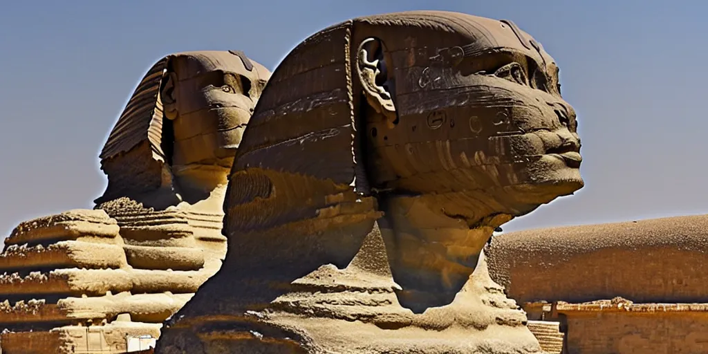 Prompt: a predator head on the great sphinx, wide angle establishing shot,