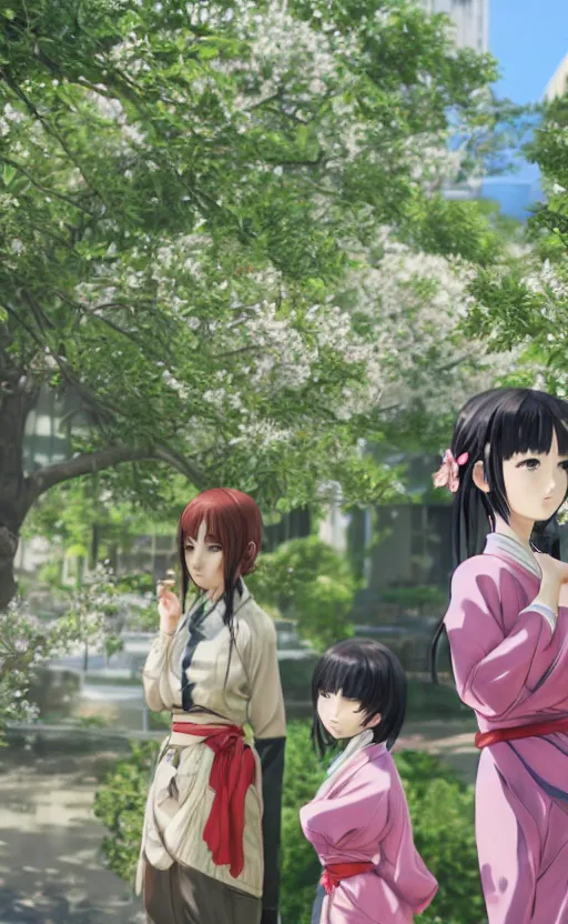 Image similar to anime style, gta 5, panoramic centered view of girl, girl in center, yukata clothing, sakura tree in background, short hair, hair down, symmetrical facial features, from arknights, hyper realistic, extreme detail, volumetric lights, 4 k drawing, safebooru, realistic lighting, by alphonse mucha, greg rutkowski, sharp focus, backlit