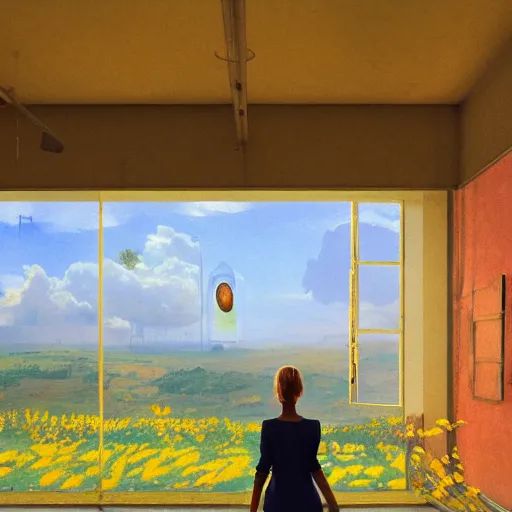 Image similar to giant daisy flower head, woman standing next to modern window in luxury loft, surreal photography, sunlight, impressionist painting, digital painting, artstation, simon stalenhag