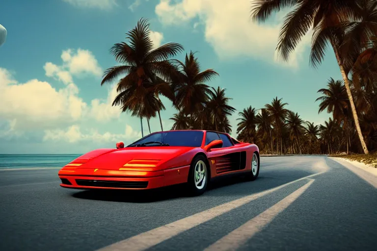 Image similar to award winning photograph of a red ferrari testarossa racing on a road near a white sand beach with palm trees. octane render