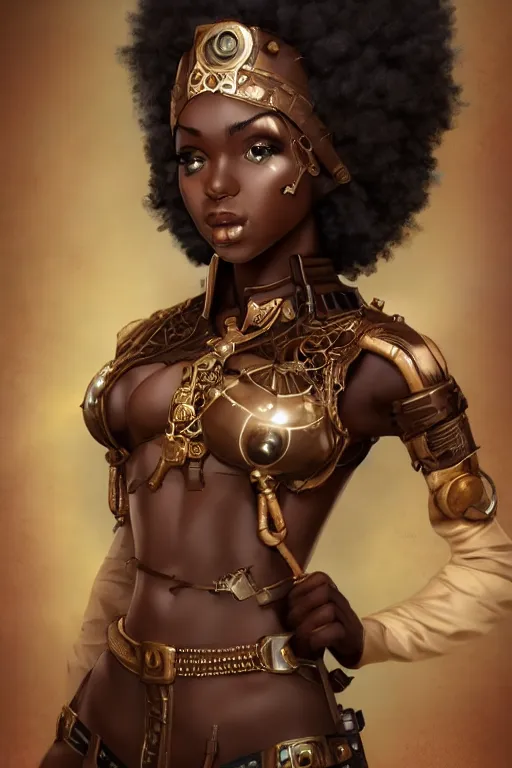 Image similar to beautiful steampunk african girl with a large afro holding. smart pose, tight futuristic armor, artgerm, trending on artstation, character concept art, bokeh