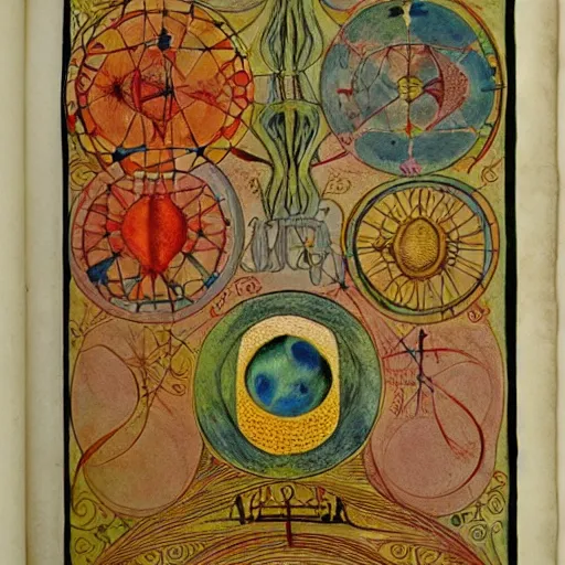 Prompt: kisses are wordless spells, sexy alchemical diagram, hand colored engraving, illuminated manuscript with sexy marginalia, by Ralph Steadman, pen and ink, by Hilma af Klint, by Da Vinci, very detailed stunning masterpiece, esoteric and illuminating,