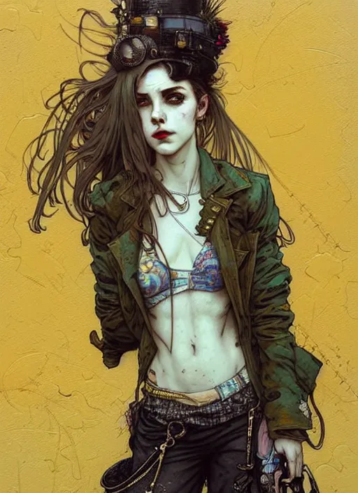 Prompt: highly detailed portrait of a moody sewerpunk young adult lady with a harris tweed holdy by krenz cushart, by artem demura, by alphonse mucha, by kaethe butcher, gradient yellow, black, brown and cyan color scheme, grunge aesthetic!!! ( ( graffiti tag city background ) )