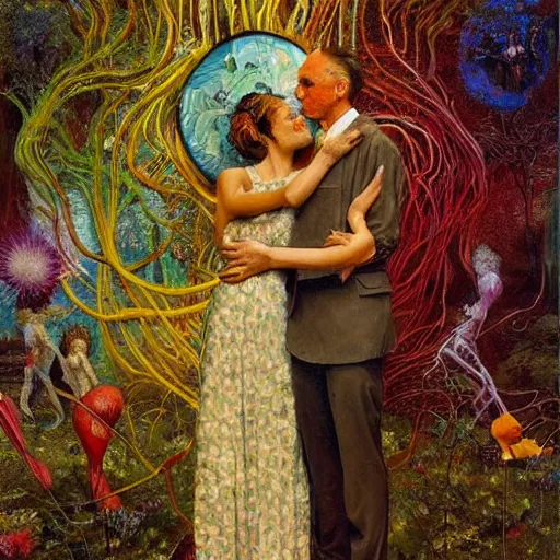 Image similar to a beautiful portrait of two lovers wearing a suit made of nervous system, channeling third eye energy, surrounded by a background of cyber mystic garden of earthly delights, painting part by wojciech siudmak, part by ilya repin, part by norman rockwell, artstation