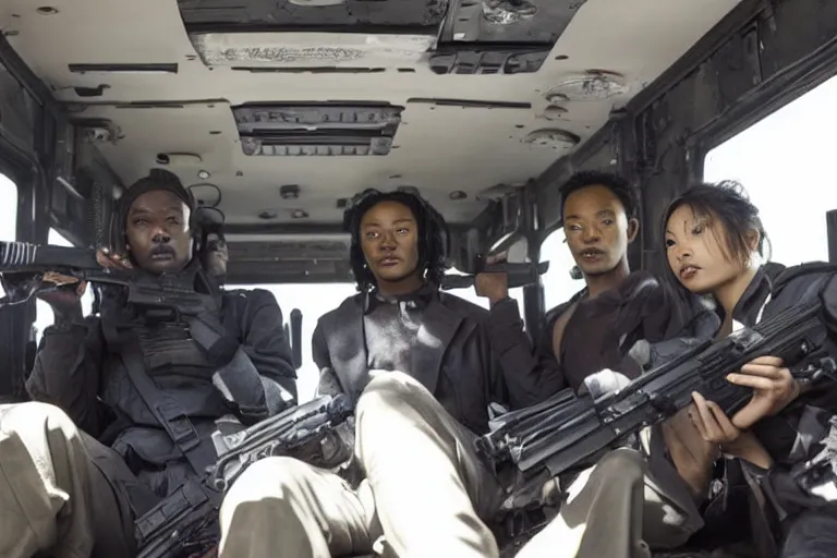 Image similar to movie diverse interracial team of Japanese robbers armed with rifles interior clean futuristic tactical van, beautiful skin, Symmetrical faces. natural lighting by Emmanuel Lubezki