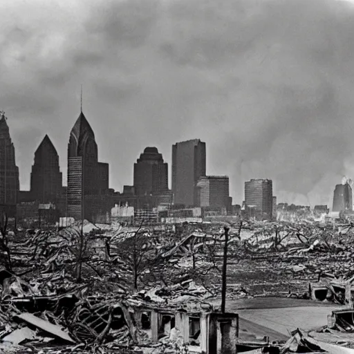 Image similar to aftermath of the atomic bombing of philadelphia, hd, full color