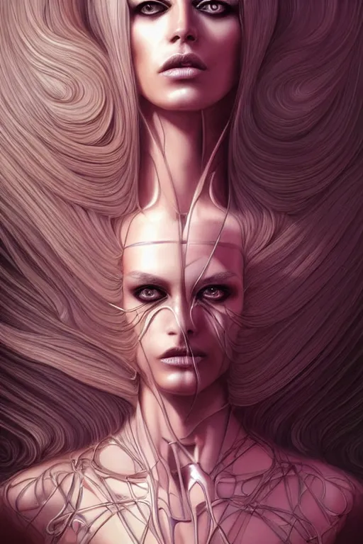 Prompt: Supermodel woman turning into an Android portrait, dark surrealism , scifi, intricate design, elegant, sharp black eyebrows, ornate long flowing platinum neon blonde hair and small black streaks, highly detailed cybernetic body, glowing eyes, digital painting, artstation, concept art, smooth, sharp focus, illustration, art by Artgerm and moebius and Peter Mohrbacher