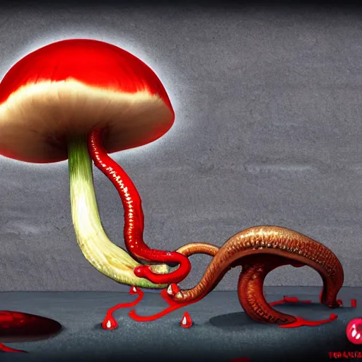 Prompt: !dream an alien mushroom with tentacles, a red cap, oozing black goo melty, drippy, unreal engine