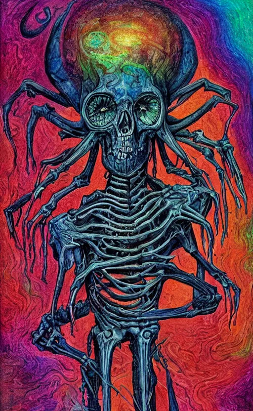 Prompt: a psychedelic portrait of omin dran, skeletal, mind flayer, psion, vibrant color scheme, highly detailed, in the style of romanticism, very realistic