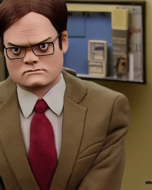 Image similar to a still if dwight schrute with brown suit as a muppet in the office. highly detailed felt. hyper real photo. 4 k.