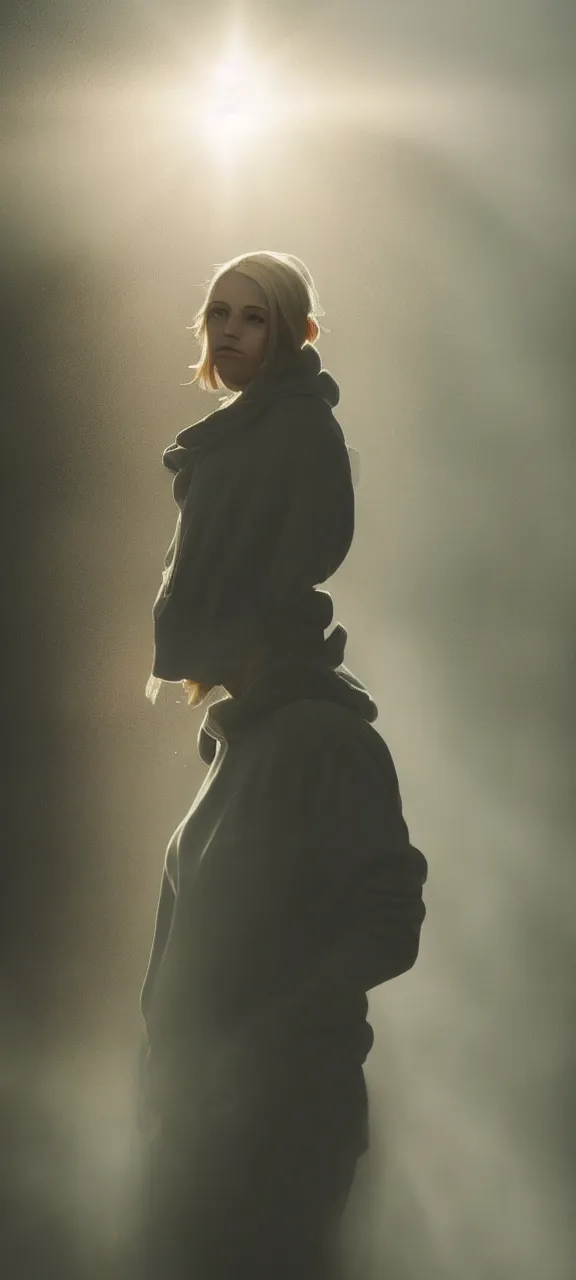 Prompt: very very beautiful photograph of emily skinner looking like annie leonhart in a hoodie standing next to a window god rays shining on her from the sunlight, volumetric fog, smoke, depth of field, beautiful composition, very very very beautifull face, on artstation and instagram