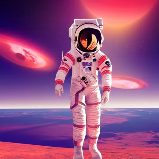 Image similar to A wide angle shot from below of a female astronaut with a feminine body walking with swagger towards camera on mars in an infinite universe , synthwave digital art