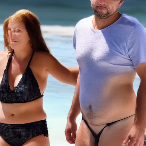 Image similar to photo of a 4 0 year old man that looks young for his age dating a very attractive and completely legal 1 8 year old woman wearing a bikini.
