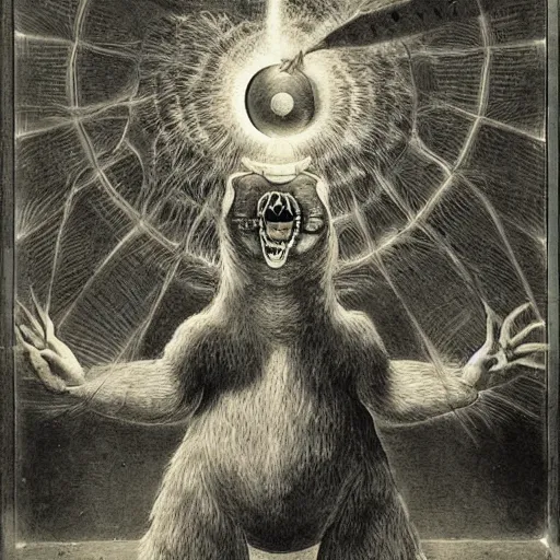 Image similar to furry freaky creature sings a unique canto about'as above so below'being ignited by the spirit of haeckel and robert fludd, breakthrough is iminent, glory be to the magic within