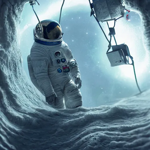 Image similar to an epic portrait of an astronaut entering the rabbit hole of wonderland, cinematic lighting, trending on Artstation, highly detailed, insane details