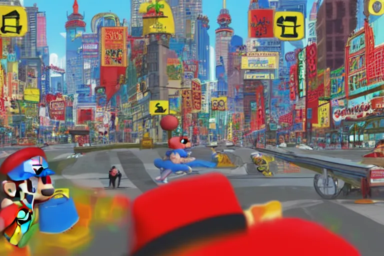 Image similar to an in game new donk city landscape from super mario odyssey, super mario odyssey art style.