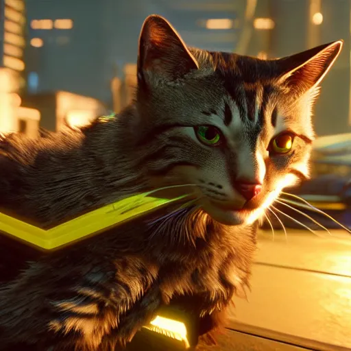 Image similar to cat cyberpunk 2 0 7 7 8 k hyperdetailed photorealism hdr unreal engine 5 extremely high level of detail