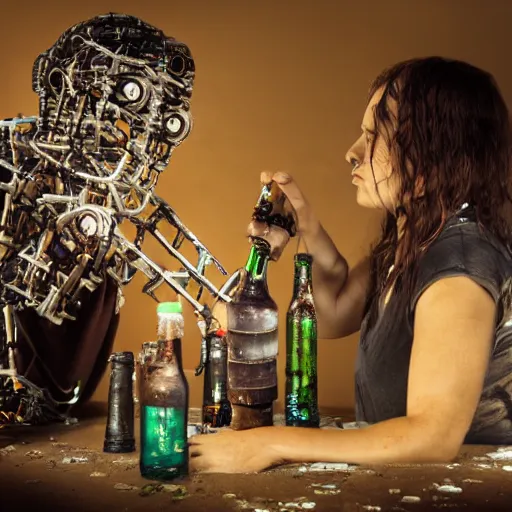 Image similar to a photo portrait of a dirty hobo creating a robogirl from the empty beer bottles and cardboard boxes. symmetry, awesome exposition, very detailed, highly accurate, professional lighting diffracted lightrays, 8 k, sense of awe