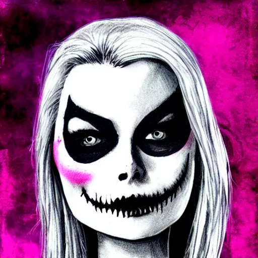 Image similar to grunge drawing of margot robbie in the style of jack skellington