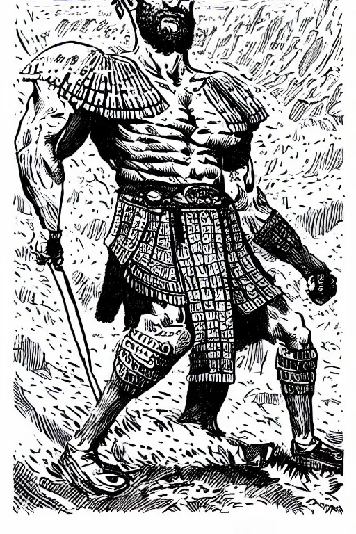 Image similar to ancient historically accurate depiction of the Bible Character Goliath of Gath, the Philistine warrior giant by mcbess