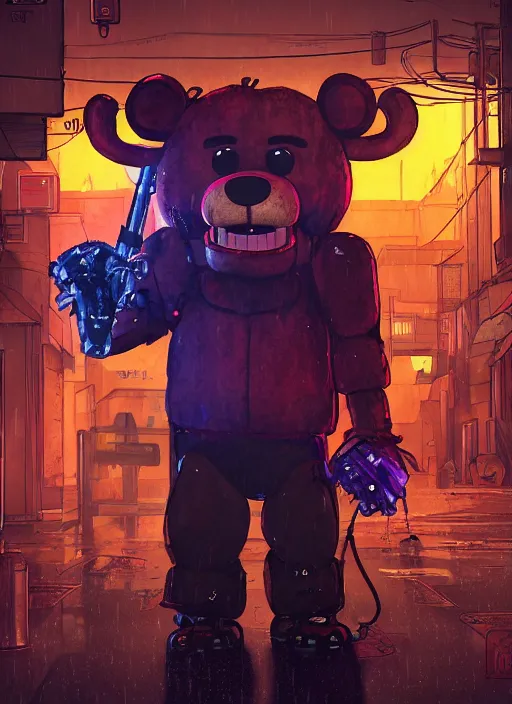 Image similar to character portrait of Freddy Fazzbear from Five Nights at Freddy's in a cyberpunk city at night while it rains. hidari, color page, tankoban, 4K, tone mapping, Akihiko Yoshida. Nomax, Kenket, Rukis. comic book style, photorealistic, professional lighting, hyperdetailed, high resolution, high quality, dramatic, deviantart, artstation, 4k, real photo