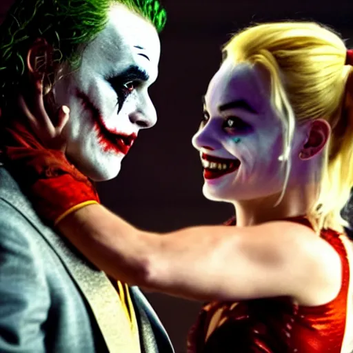 Prompt: heath ledger as the joker and margot robbie as harley quinn, dancing, cinematic, ultra realistic, low lighting