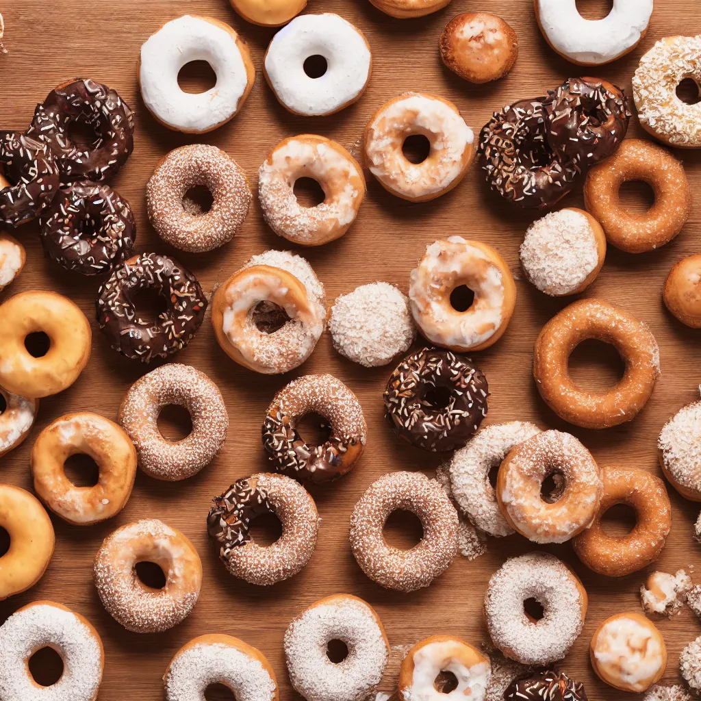 Image similar to top-down view with doughnuts top of a wooden table, wallpaper, 4k, photorealistic