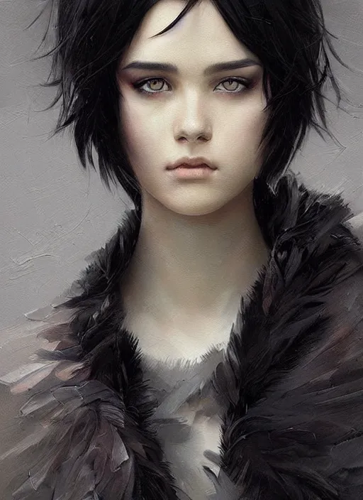 Prompt: a teenage girl with very short black hair and a huge cloak made of feathers in shades of light and dark grey. beautiful highly detailed face. beautiful painting by artgerm and greg rutkowski and raymond swanland