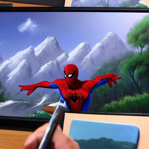 Image similar to a closeup photorealistic photograph of bob ross working on a canvas painting of spiderman. film still. brightly lit scene. mountains and trees. this 4 k hd image is trending on artstation, featured on behance, well - rendered, extra crisp, features intricate detail, epic composition and the style of unreal engine.