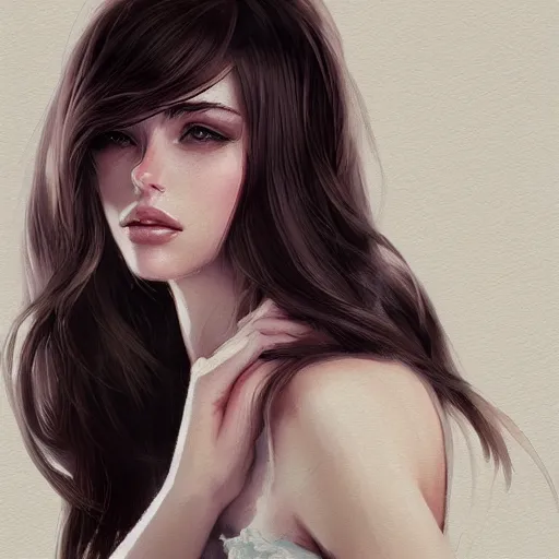 Image similar to young brunette woman, very detailed, portrait, high contrast, soft lighting, shallow focus, RossDraws, trending on artstation