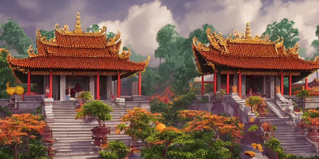 Image similar to vietnamese temple scene, 2 d game art background, sharp, detailed, intricate, game level design, cinematic lighting, trending on artstation, in style of vinodh sivaraja and lam manh