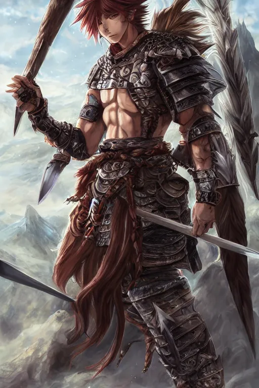 Prompt: A realistic anime portrait of a young handsome male barbarian with long wild hair, intricate fantasy spear, plated armor, D&D, dungeons and dragons, tabletop role playing game, rpg, jrpg, digital painting, by Yoshitaka Amano and Ayami Kojima and Akihiko Yoshida, digtial painting, trending on ArtStation, SFW version