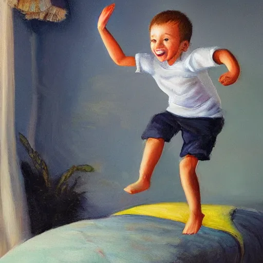 Prompt: a beautiful oil painting of a little boy jumping on his bed, storybook style