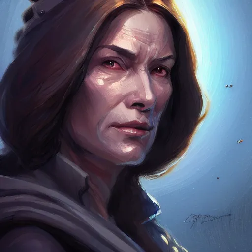 Image similar to portrait of a woman by greg rutkowski, grand jedi master jaina solo, star wars expanded universe, she is about 6 0 years old, wearing jedi robes, highly detailed portrait, digital painting, artstation, concept art, smooth, sharp foccus ilustration, artstation hq