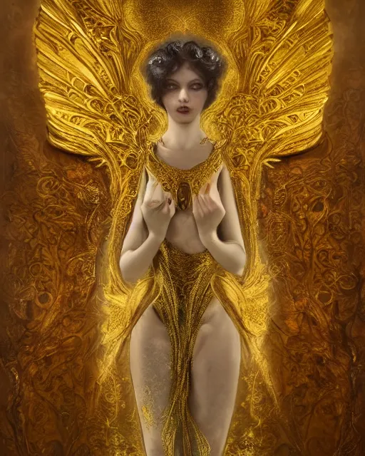 Image similar to concept art, angel woman, beautiful, frank frazetta, ornate, art nouveau, symmetrical, gold jewelry, high contrast, unbiased render, Emil melmoth, eerie, haunting, victorian, 8k, octane render, style of Gustav Klimt, head and shoulders