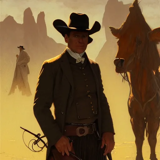 Prompt: clean shaven, tan, middle - aged christian priest with dark hair and dark clothes, three fourths shot, in wild west, highly detailed, digital painting, artstation, oppressive lighting, concept art, sharp focus, illustration, art by greg rutkowski and alphonse mucha