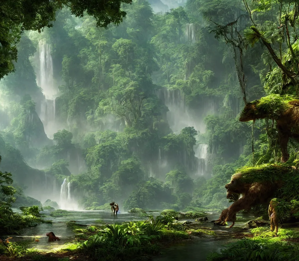 Prompt: matte painting of bigfoot in rain forest, large dinosaurs in background, style by thomas cole and greg rutkowski and ross tran, global illumination, unreal engine!!!
