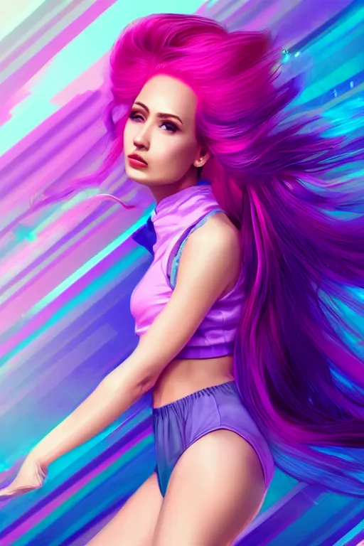 Image similar to a award winning half body porttrait of a beautiful woman in a croptop with ombre purple pink teal hairstyle with head in motion and hair flying, outrun, vaporware, shaded illustration, digital art, trending on artstation, highly detailed, fine detail, intricate