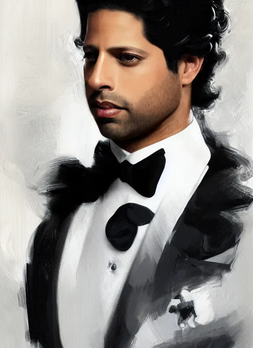 Image similar to a professional painting of Adam Rodriguez as a handsome young prince, wearing an high fashion paper tuxedo, intricate, elegant, digital painting, concept art, smooth, sharp focus, illustration, from Metal Gear, by Ruan Jia and Mandy Jurgens and Artgerm and William-Adolphe Bouguereau